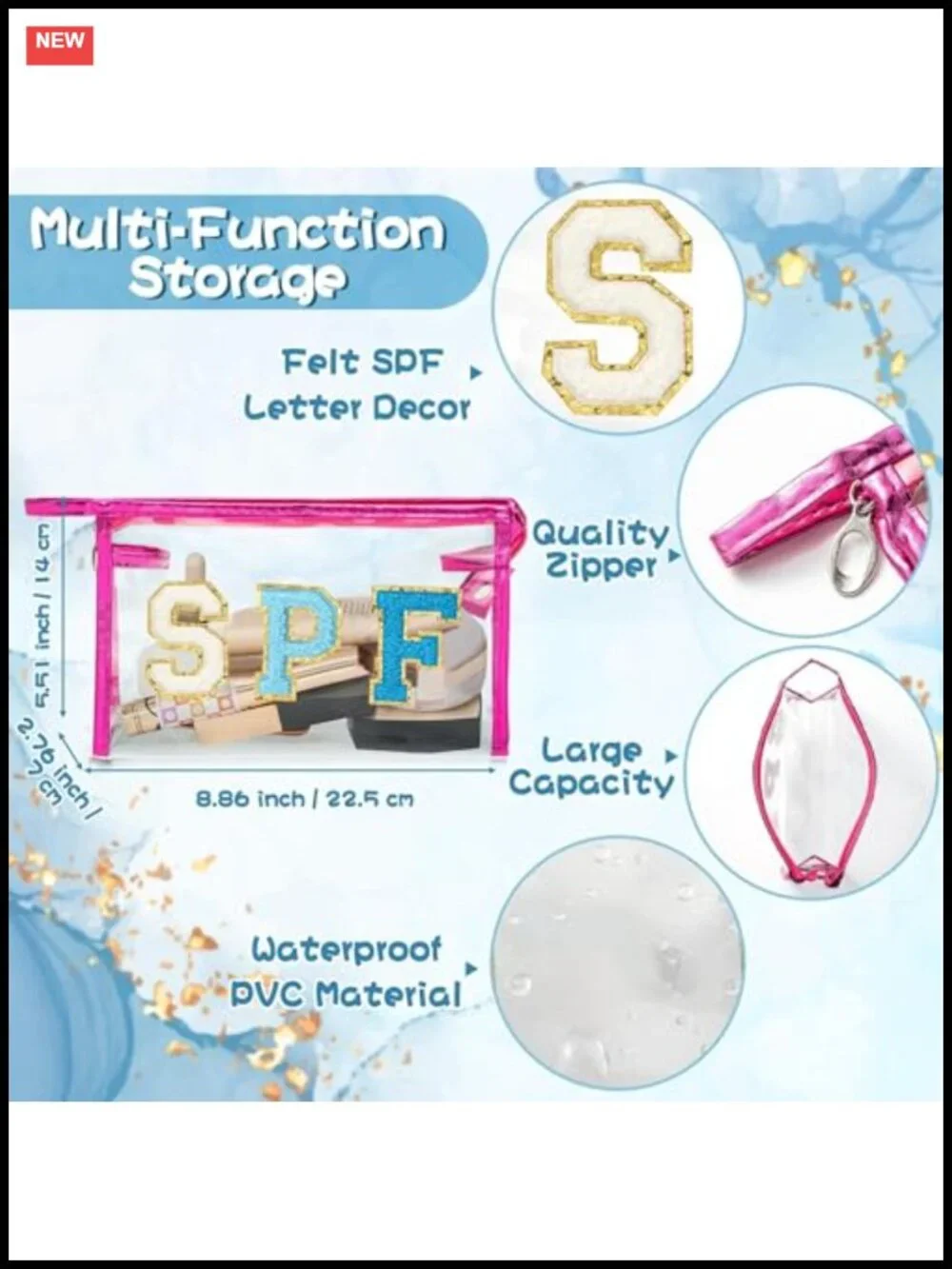Clear PVC Cosmetic Bag - Preppy SPF Varsity Letter Toiletry Travel Pouch